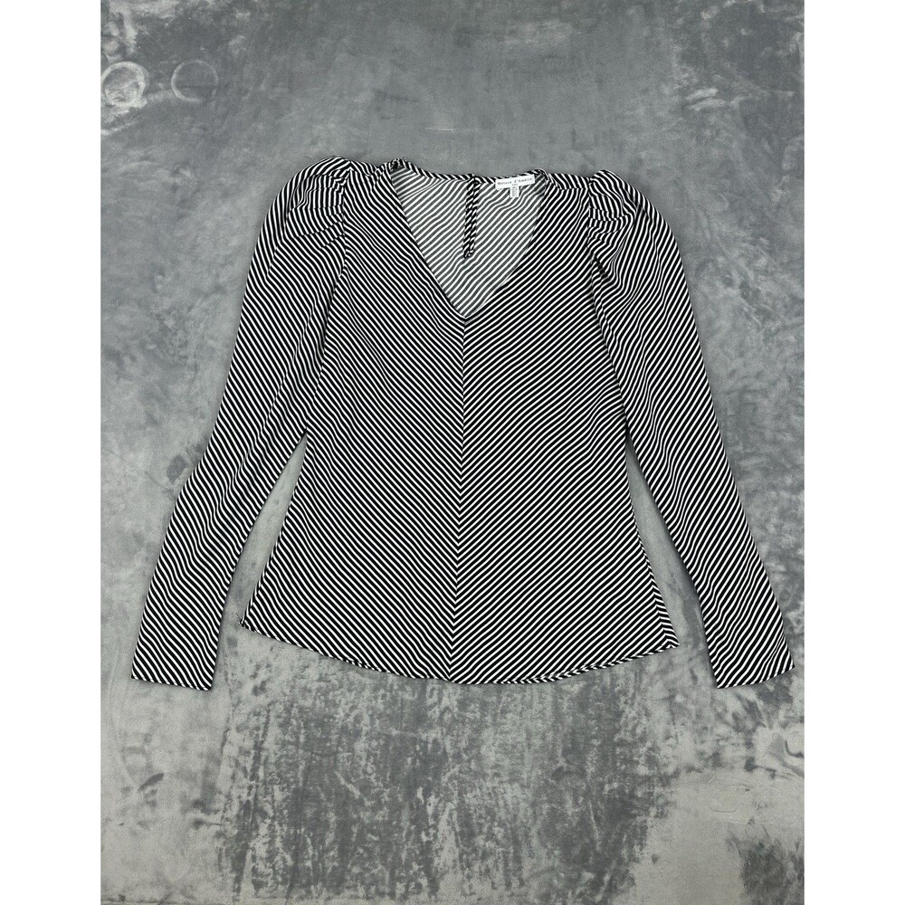Maison D'Amelie Paris Top Size L Black White Striped Puff Sleeve Blouse V-Neck